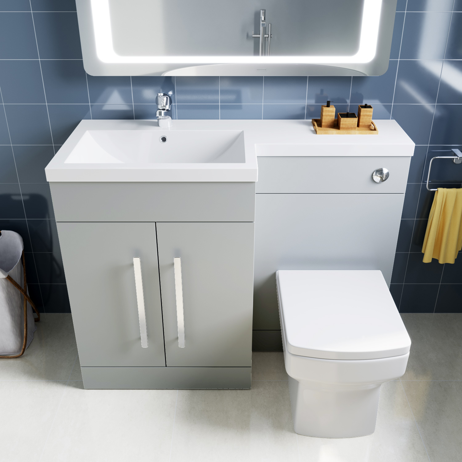 Bathroom Sink Vanity Unit Cabinet Grey Left Hand Basin Storage & Square